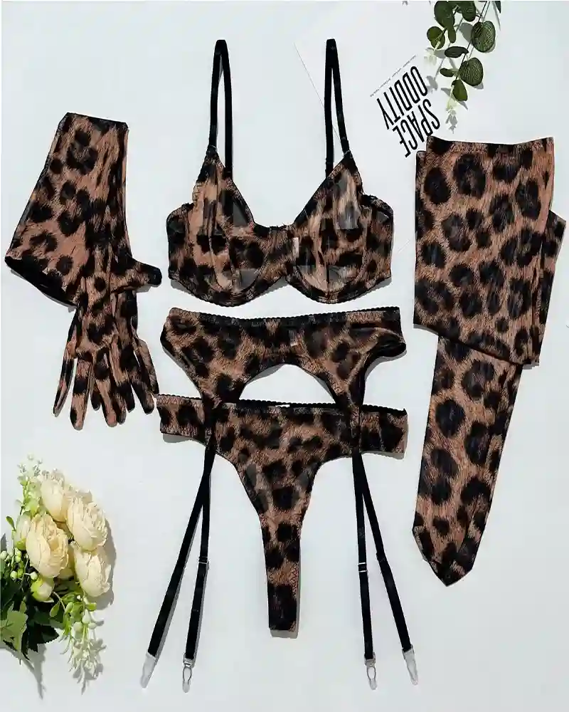 5 pieces Leopard Print Luxury Lingerie Set tgr